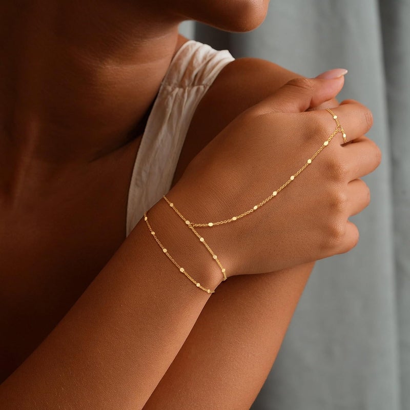 Moodear Sterling Silver Dainty Ring Bracelet Hand Chain for Women - 14K Gold Plated/Sterling Silver Layered Adjustable Satellite Bead Paperclip Dot CZ Link Hand Chain Bracelets Non Tarnish Trendy Jewelry Gift - Image 3